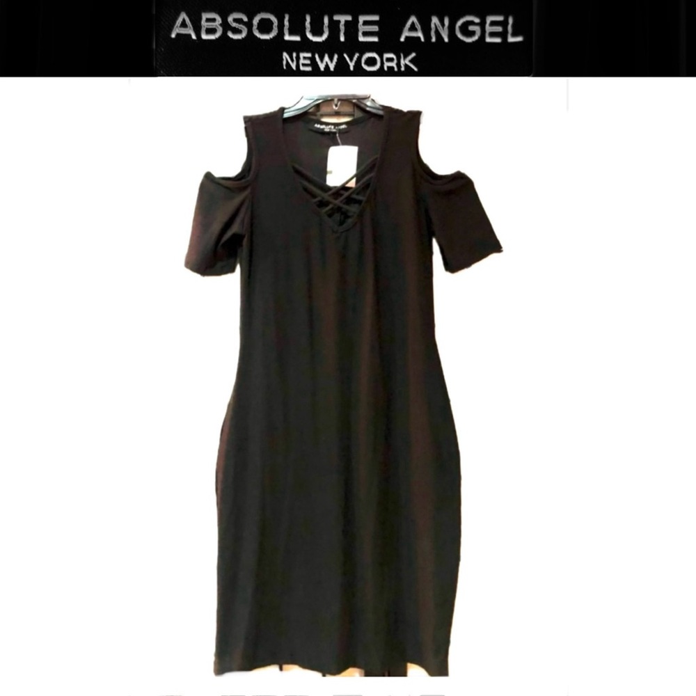 ABSOLUTE ANGEL new york black cold shoulder strapy vneck dress size M  NWT